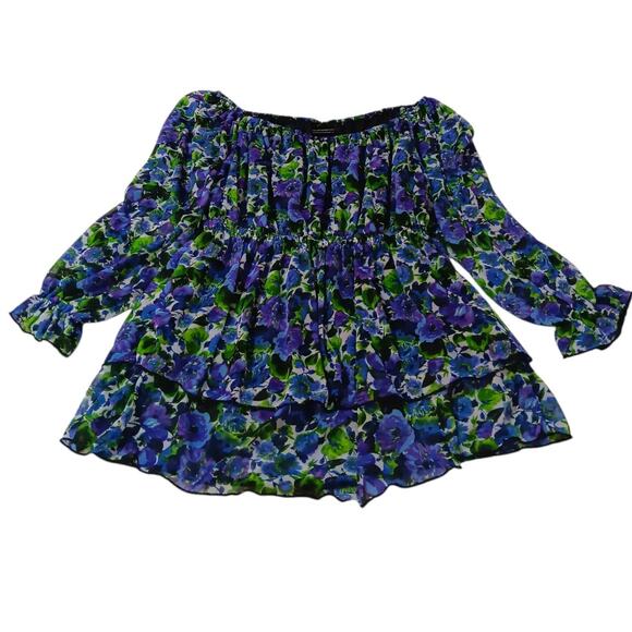 Y2K VINTAGE Ruffled Blouse Top L Floral Purple Green Whimsigoth Cottage Coquette - Picture 11 of 12